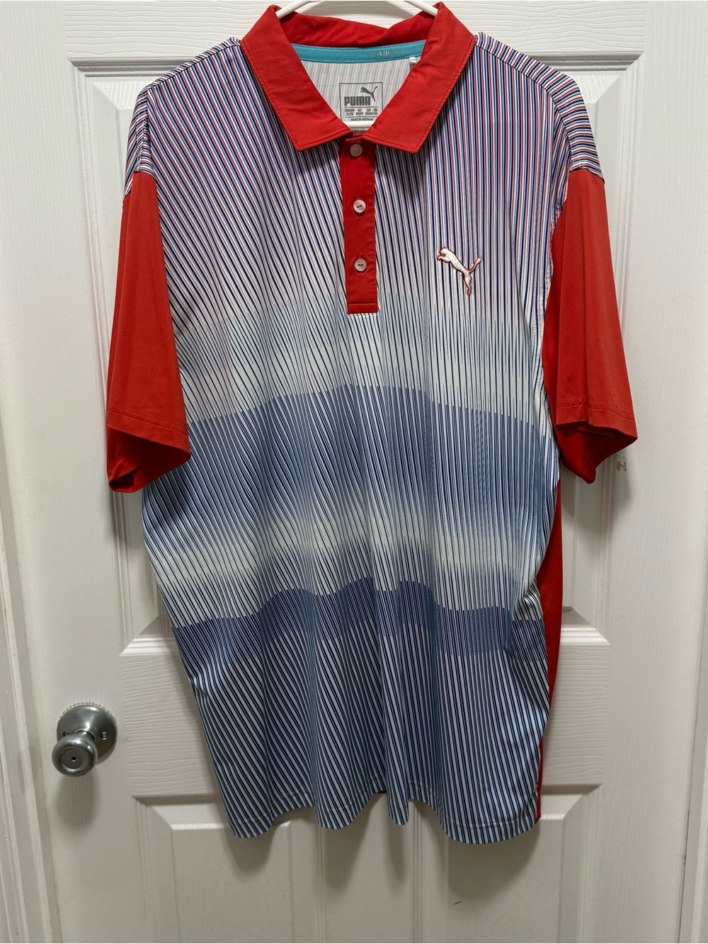 Puma Men’s Red, White and Blue Striped Polo Shirt